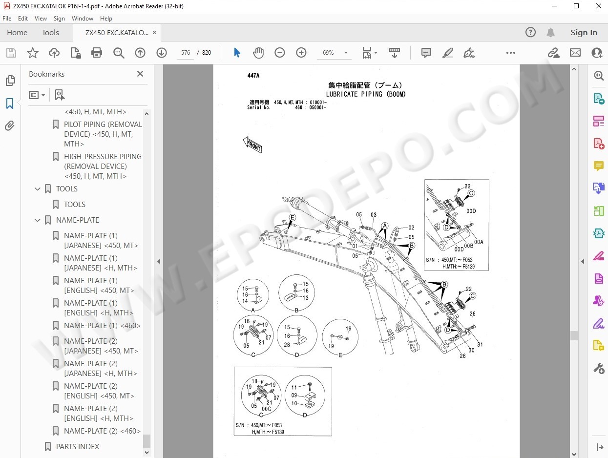 Hitachi Excavator Zaxis ZX450 ZX460 ZX480 parts manual